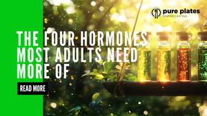 A golden balance scale with four glowing vials representing hormones DHEA, progesterone, pregnenolone, and T3, set against a serene nature background.