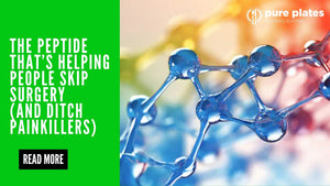 Colorful molecular peptide structure representing BPC-157 with text overlay: “The peptide that’s helping people skip surgery and ditch painkillers”