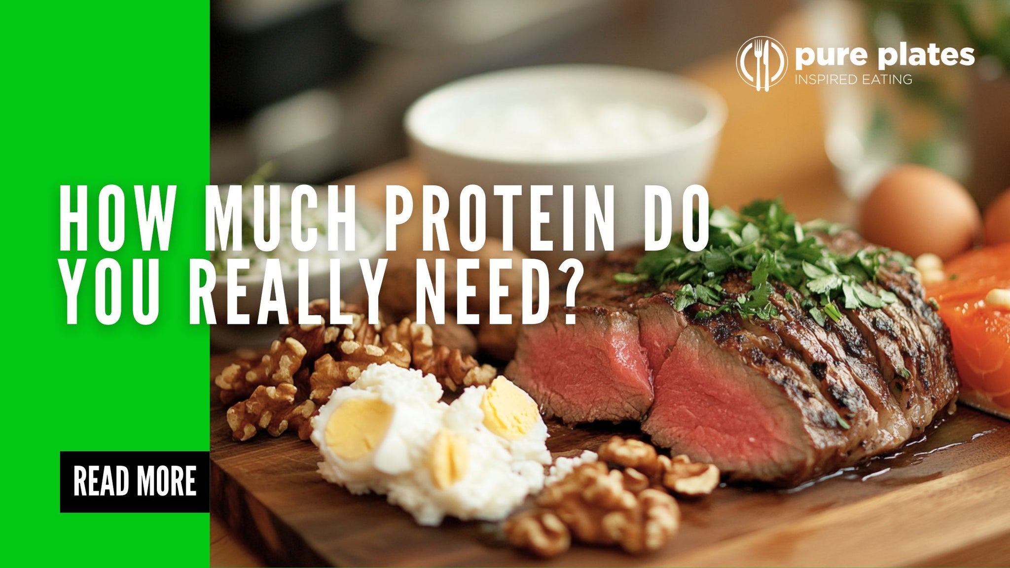 Juicy steak surrounded by boiled egg, salmon, nuts, and cottage cheese on a rustic wooden board, representing high-protein foods.