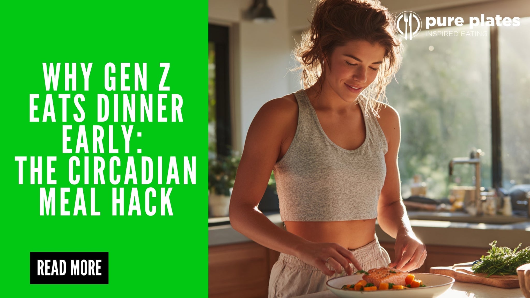 Woman preparing a healthy early dinner with salmon and vegetables in a bright kitchen, illustrating the Gen Z circadian eating hack for clean living.