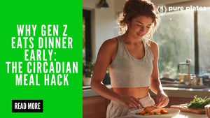 Woman preparing a healthy early dinner with salmon and vegetables in a bright kitchen, illustrating the Gen Z circadian eating hack for clean living.