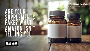 Close-up of two supplement bottles on a wooden table, showing visual differences between a real and a counterfeit product.